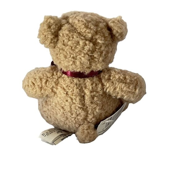 Russ Berrie Small (Mini) Beige Teddy Bear With Burgundy Bow - Picture 3 of 7